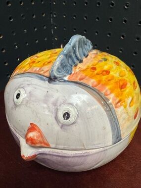Italy Handpainted Fish Folk Art Pottery Bowl With Lid Multicolor Vintage
